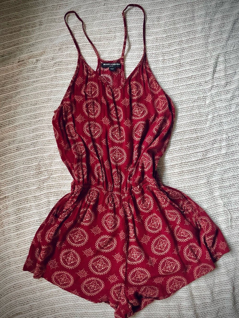 Maroon Printed Romper with Spaghetti Straps